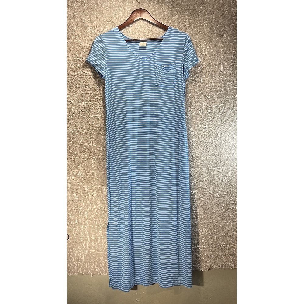 Soma Blue Striped Maxi Pocket V-neck Dress S Short Sleeve Stretch Coastal Lounge